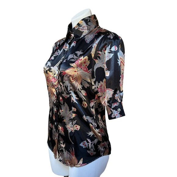 Vintage Y2K NWT 1950s-Style Satin Floral Button-Up Blouse With Tie Waist - Picture 4 of 9